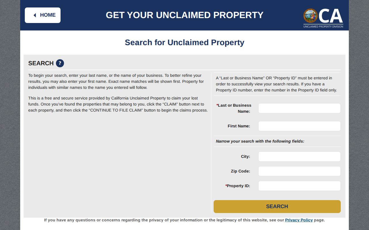 Novato residents directory view of California unclaimed property search