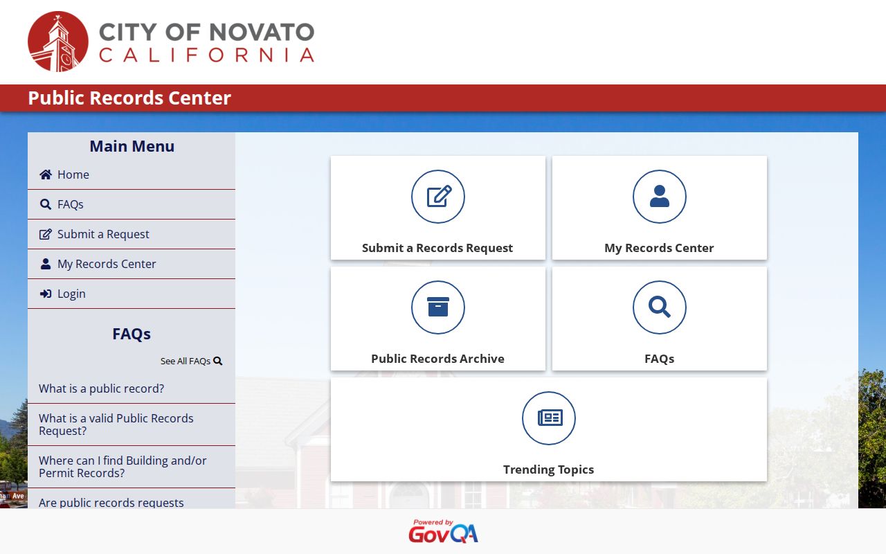 Novato residents directory view of the city public records request portal