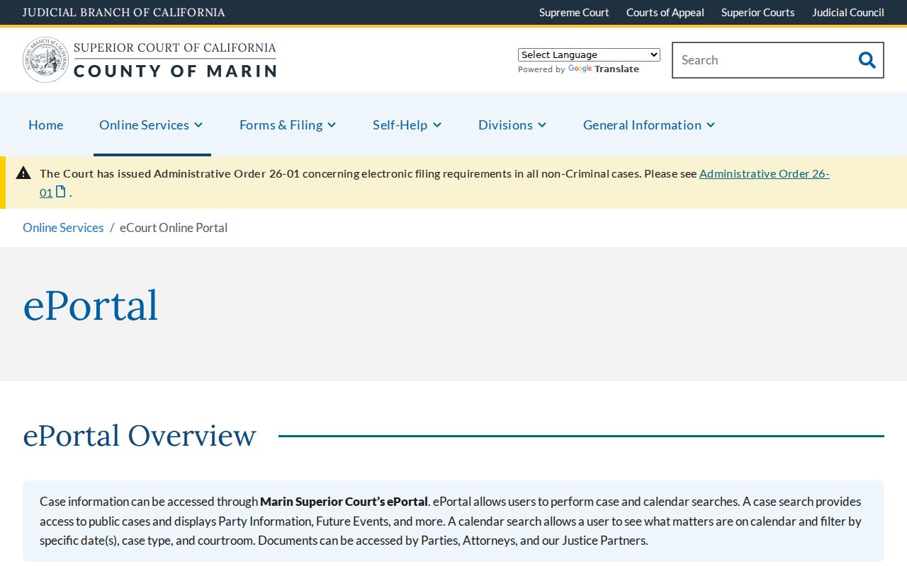Novato residents directory view of the Marin Superior Court ePortal