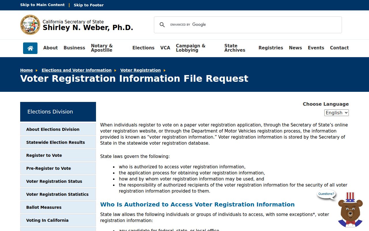 Novato resident lookup California voter file request
